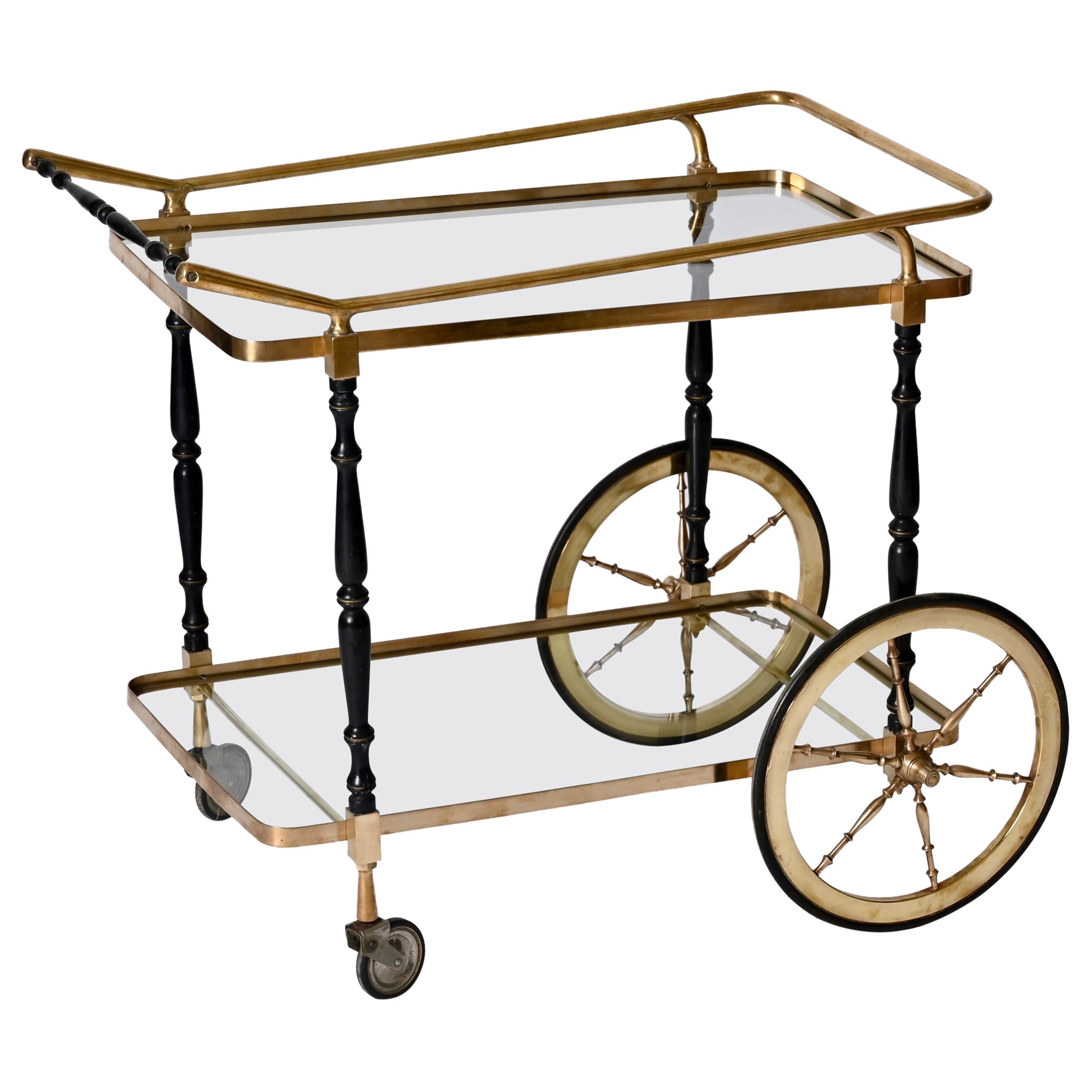 Midcentury Cesare Lacca Brass and Black Lacquer Wood Italian Bar Cart, 1950s For Sale