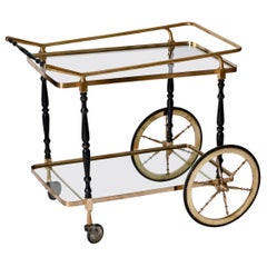 Midcentury Cesare Lacca Brass and Black Lacquer Wood Italian Bar Cart, 1950s