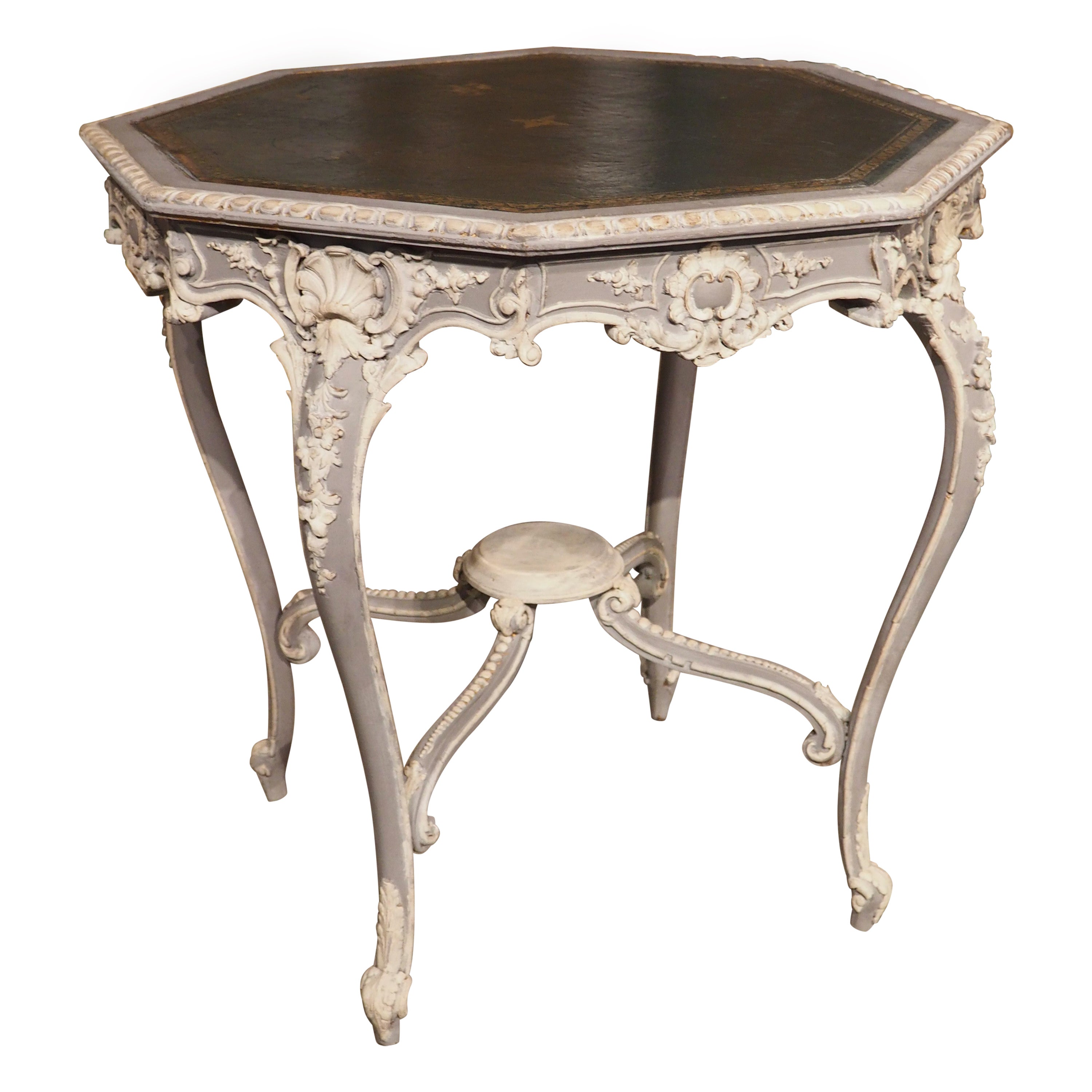 19th Century Painted French Louis XV Style Side Table with Leather Top