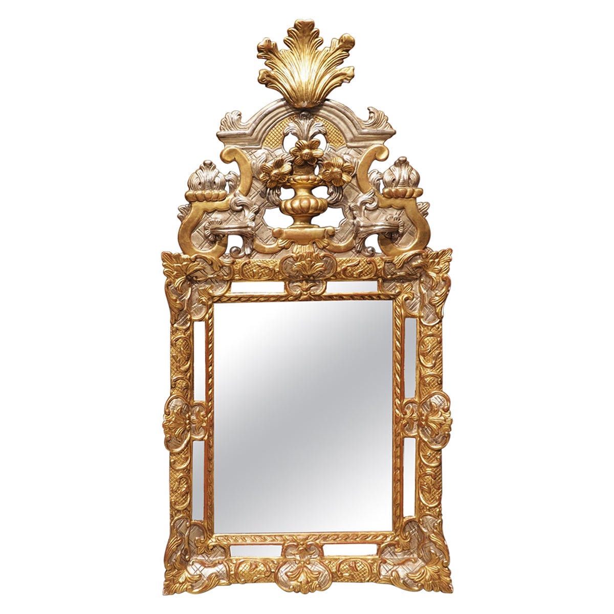 19th Century French Regence Style Silver and Gold Leaf Mirror "a Parcloses" For Sale