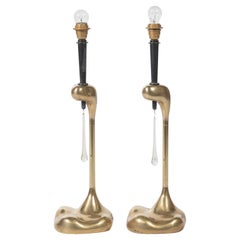 Pair of Alessandro Banci Italian Mid-Century Table Lamps in Cast Brass and Glass