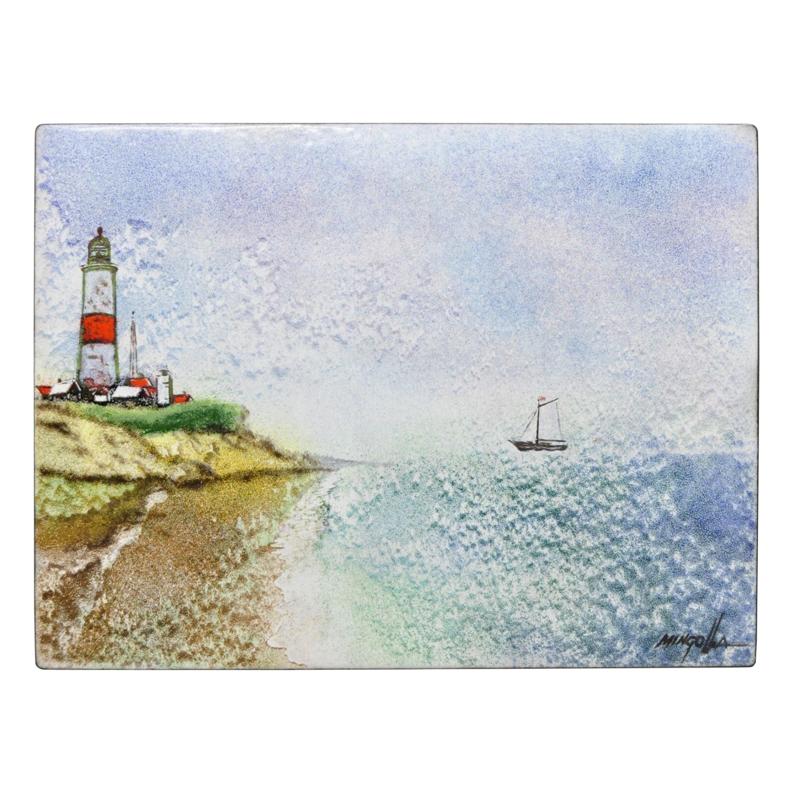Dom Dominic Mingolla Enamel on Copper Painting Red Lighthouse Shoreline For Sale