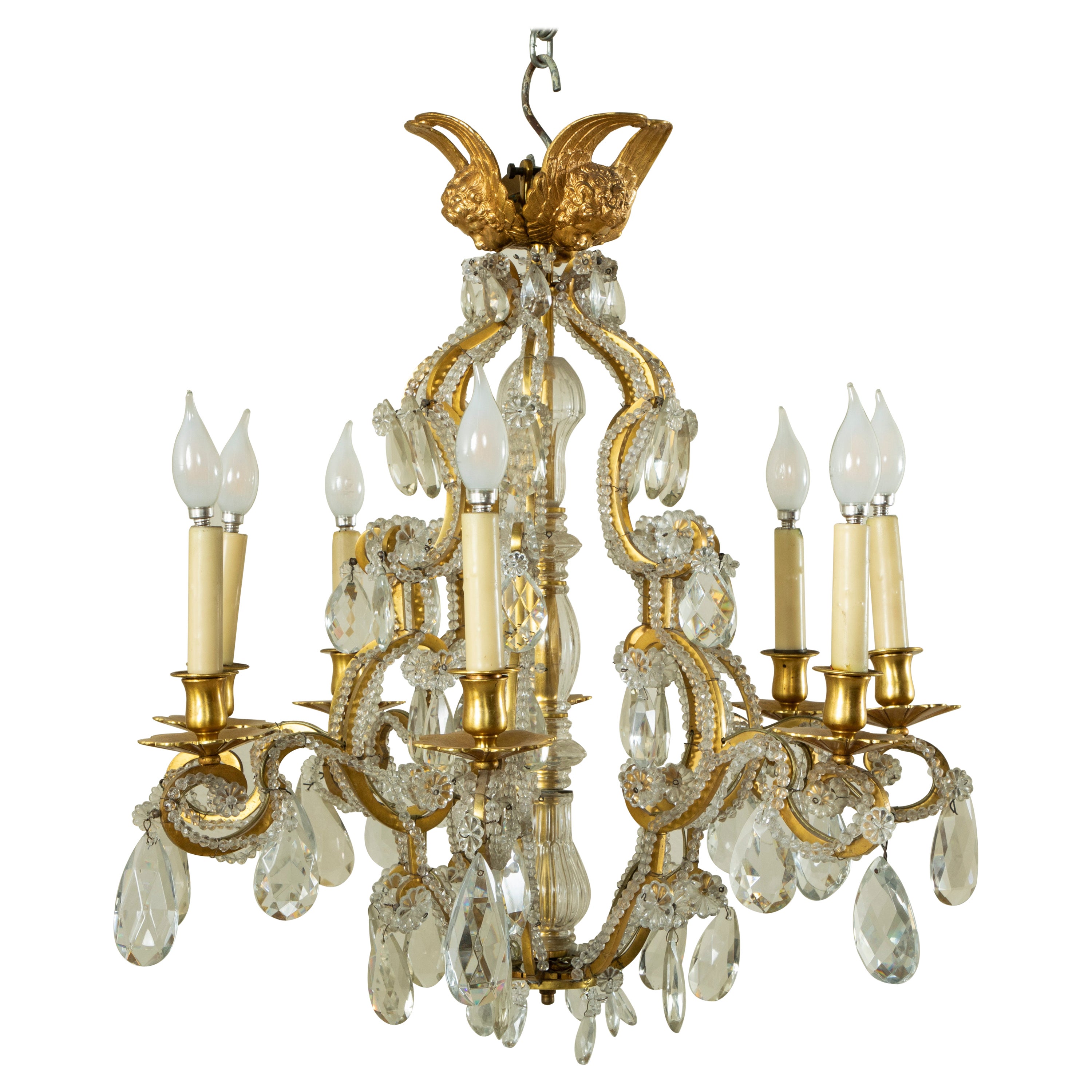 Mid-20th Century French Maison Bagues Bronze and Crystal Chandelier with Angels For Sale