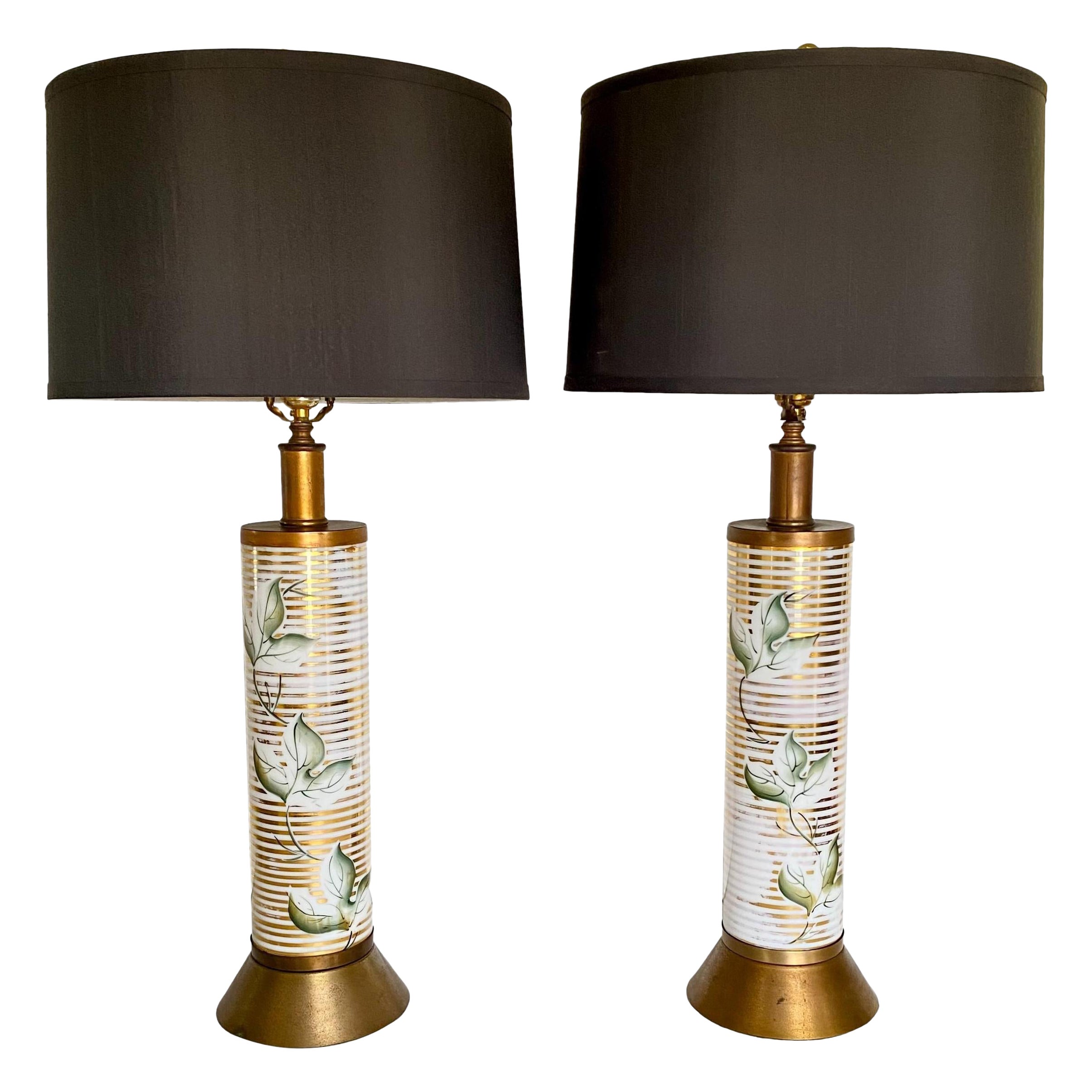 1960s, Hand Painted & Gilded Ceramic Pillar Lamps, a Pair