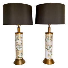 1960s, Hand Painted & Gilded Ceramic Pillar Lamps, a Pair