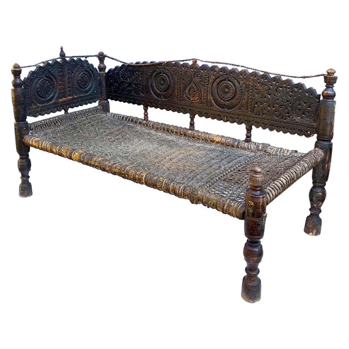 Early 19th-C. Rustic Moroccan Carved Wood and Wicker Daybed / Chaise / Sofa