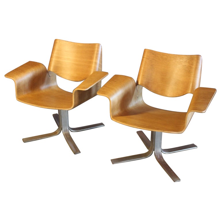 Pair of 1960s Oak Bentwood Swivel Armchairs For Sale at 1stDibs