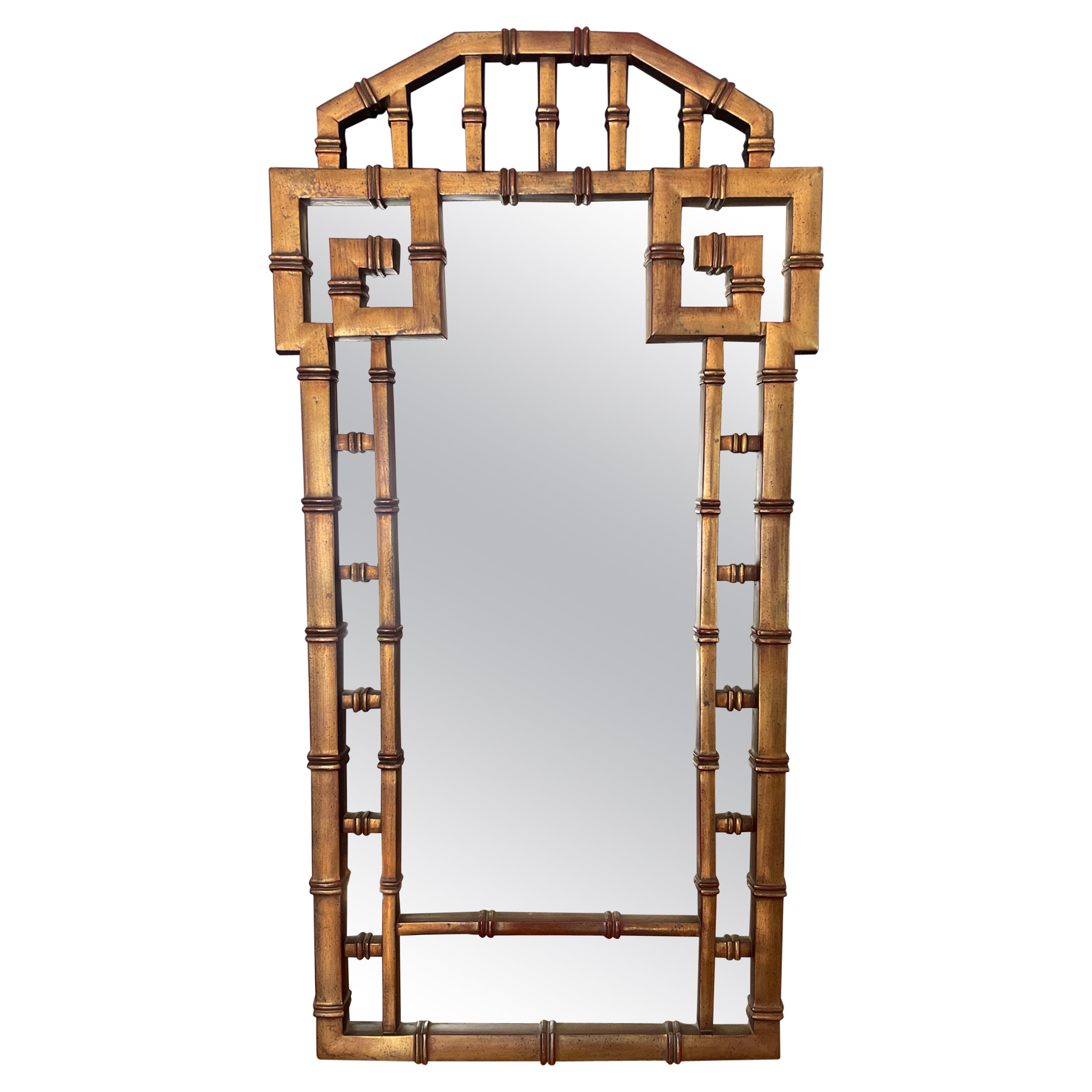 Vintage Faux Bamboo Gold Greek Key Wall Mirror For Sale
