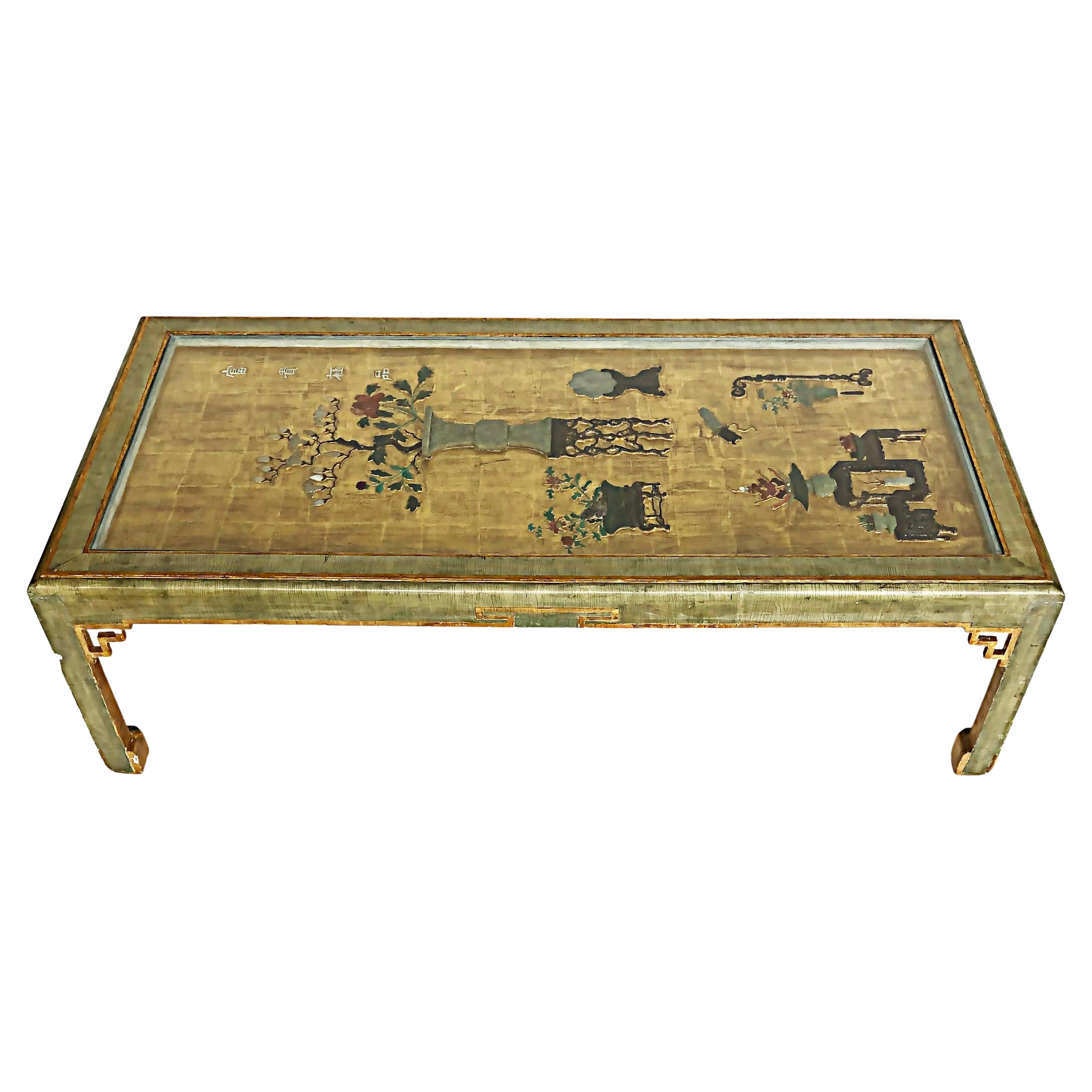 Chinoiserie Gold Leaf Hardstone Decorated Coffee Table from a Screen Panel