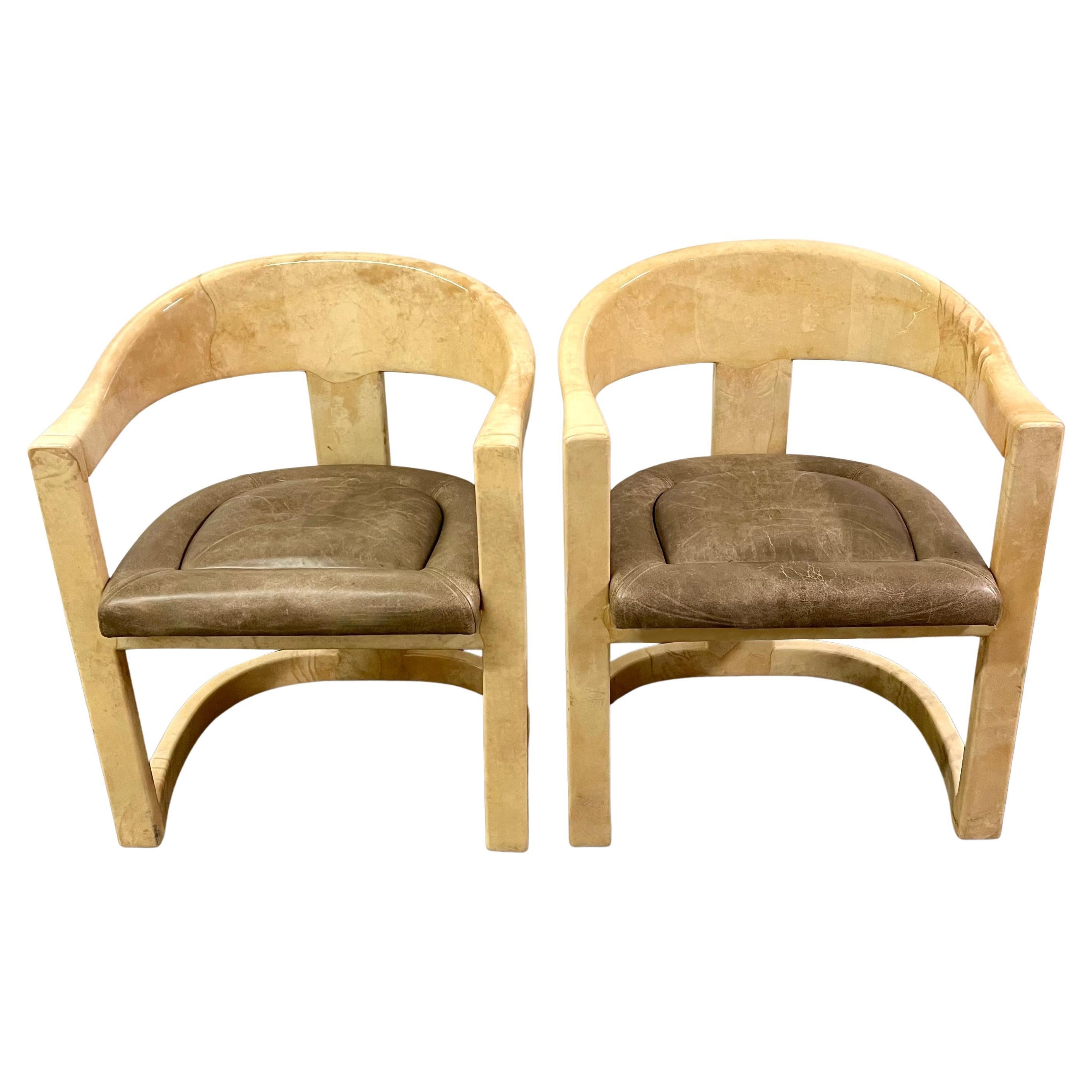 Pair of Karl Springer Goatskin Onassis Chairs with Leather Upholstered Seats For Sale