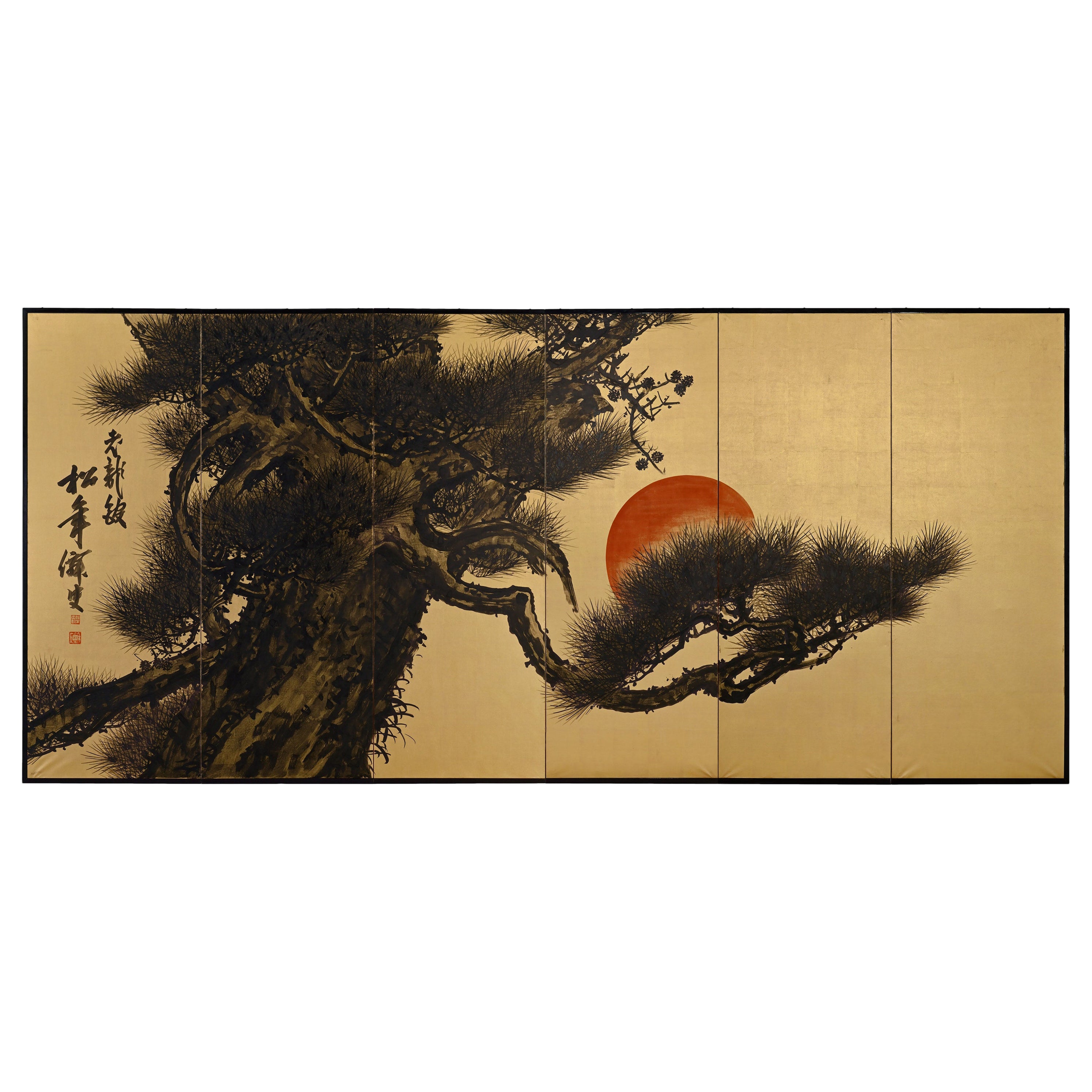 Meiji Period Japanese Screen by Suzuki Shonen, Pine and Rising Sun