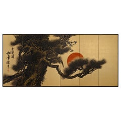 Antique Meiji Period Japanese Screen by Suzuki Shonen, Pine and Rising Sun