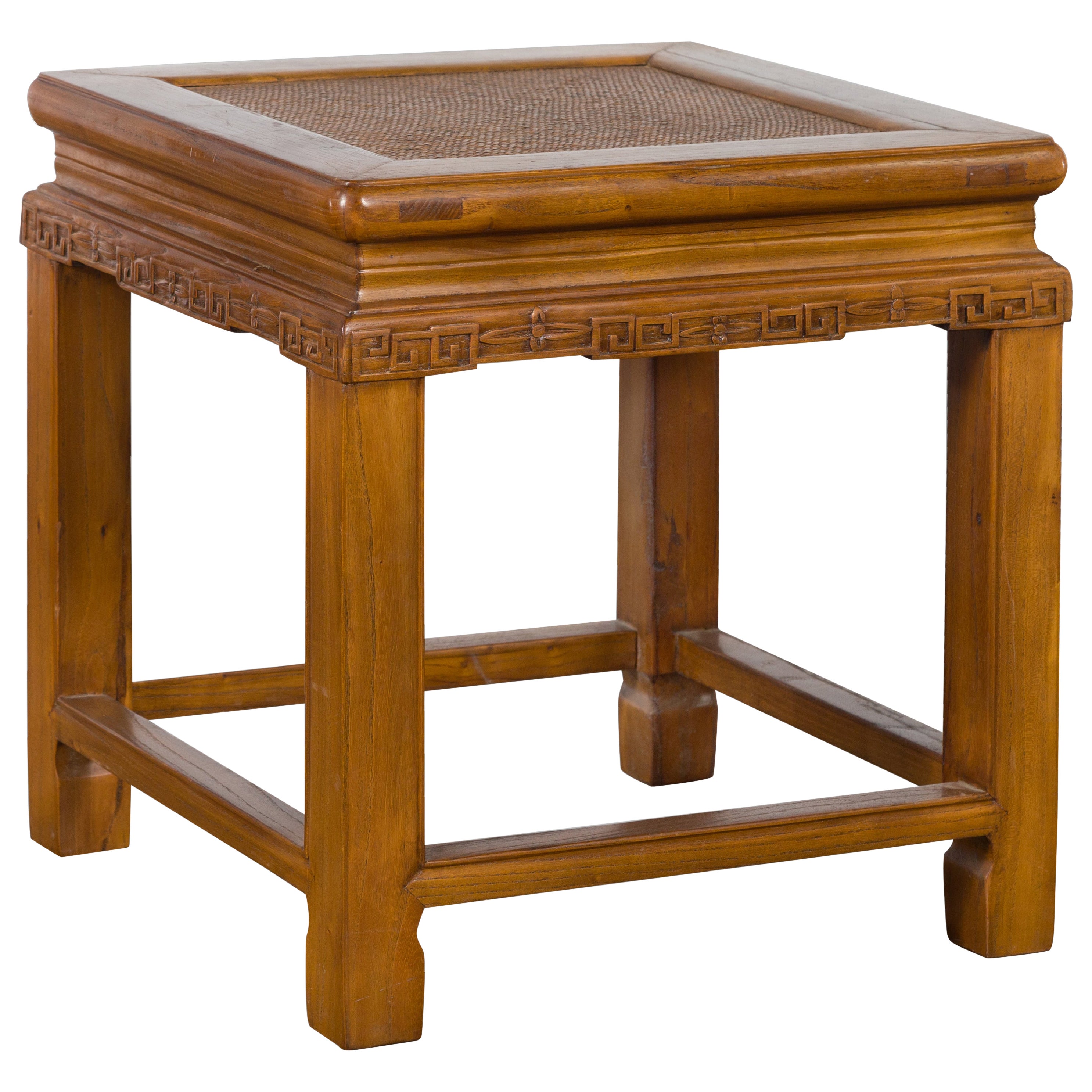 Chinese Early 20th Century Side Table with Carved Apron and Woven Rattan Top