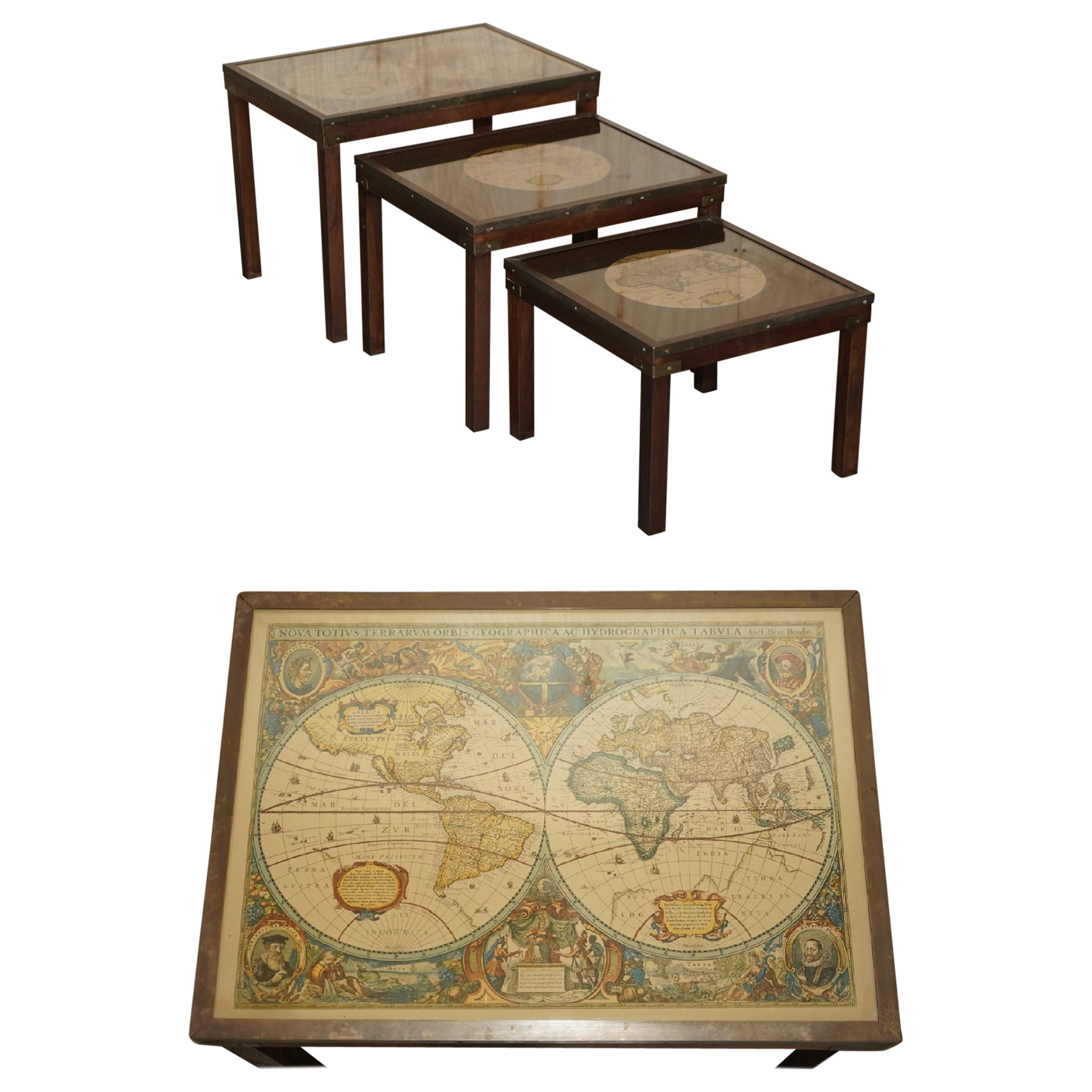 Vintage Coffee & Side Table Nest of Tables Military Campaign with World Maps For Sale