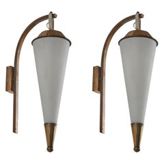 Italian Designer, Wall Lights, Brass, Glass, Italy, 1950s