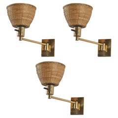 Hansen Lighting Co., Set di luci da parete, ottone, rattan, USA, 1970 ca.