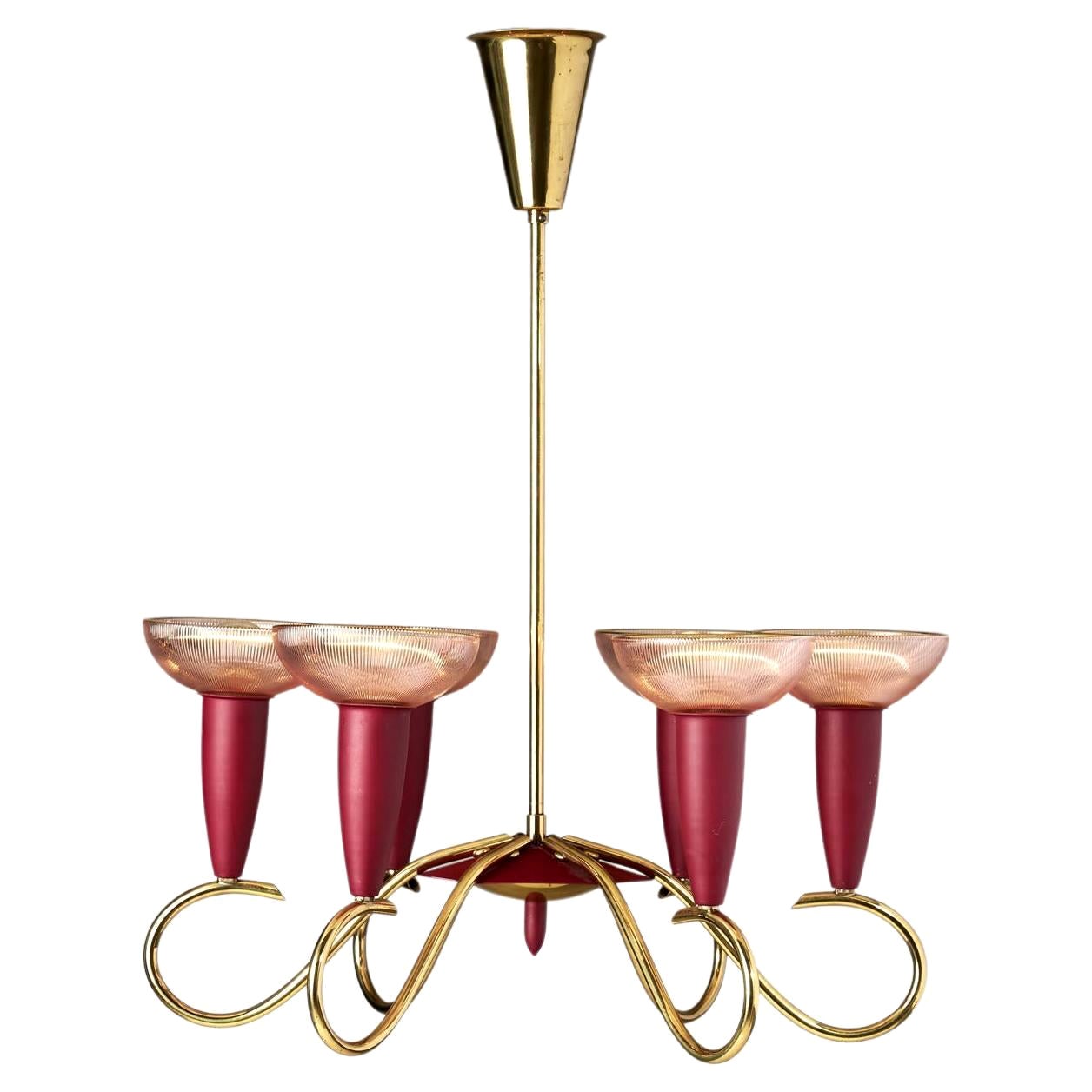 Six-Arm Brass and Metal Chandelier, Scandinavia, 1960s For Sale