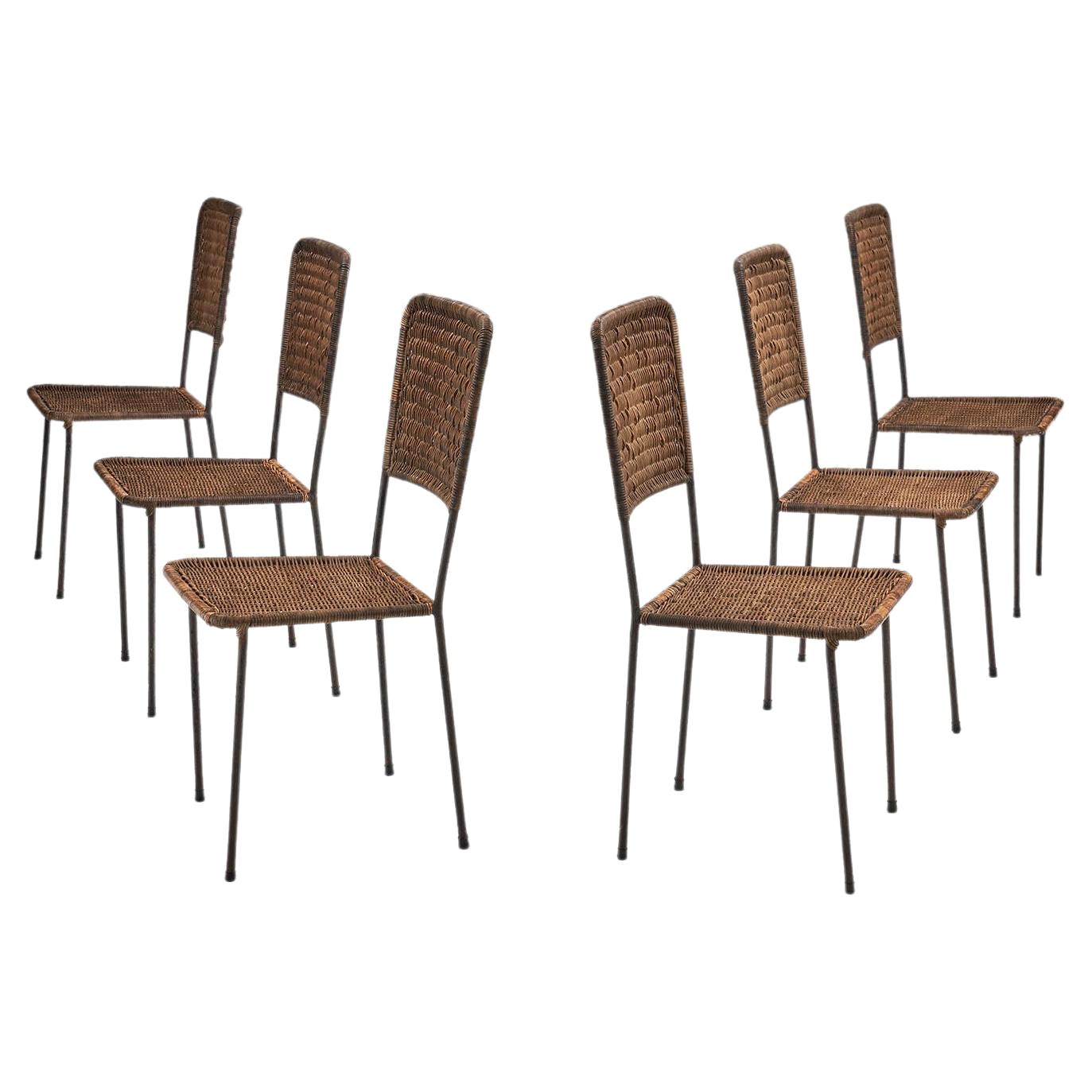 6 Iron and Rattan Chairs, Brazil, 1960s For Sale