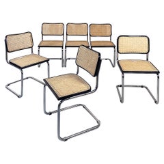 Italian Modern Cesca Style Chairs in Straw, Metal and Glossy Black Wood, 1970s