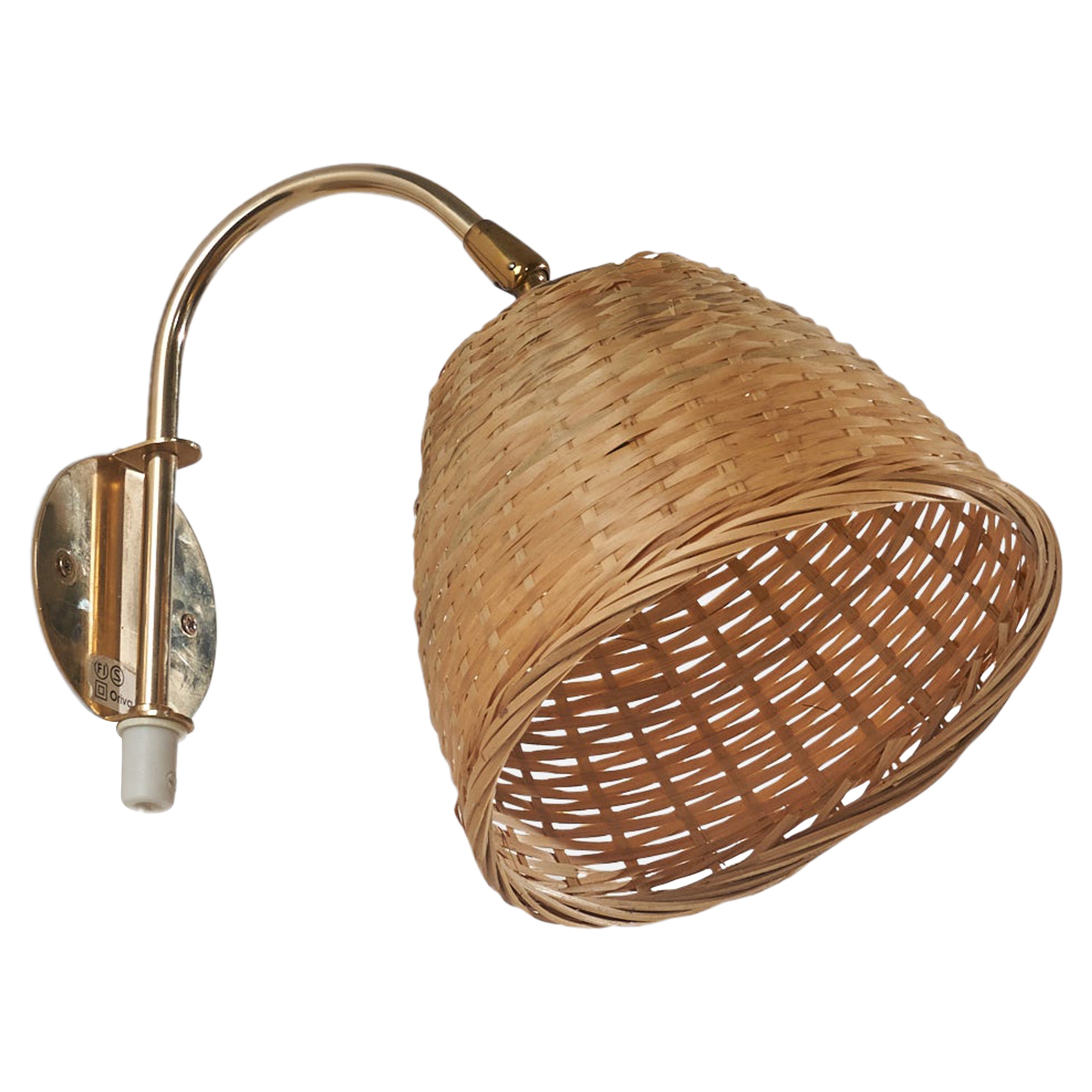 Swedish Designer, Sconce, Brass, Rattan, Sweden, C. 1960s For Sale