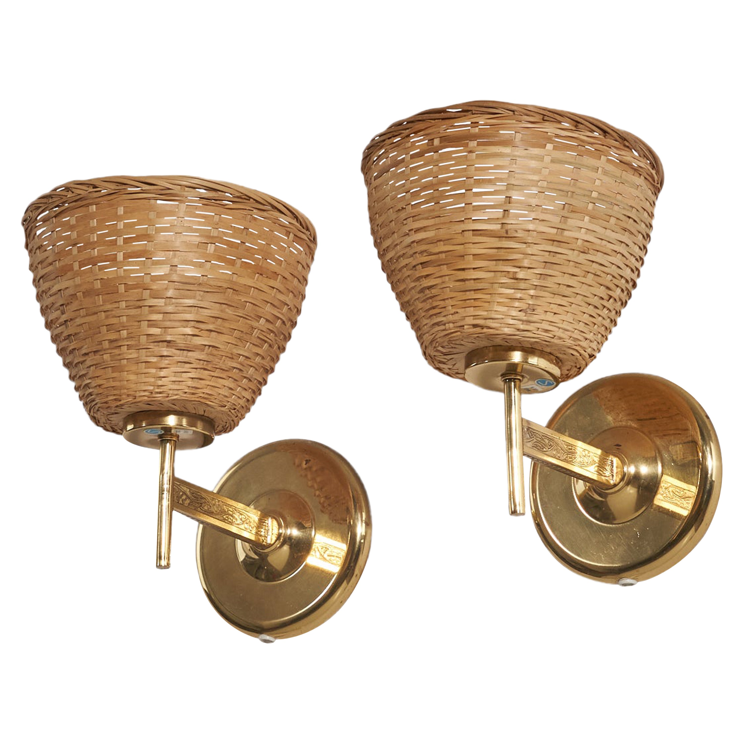 Schwedischer Designer, Wandleuchter, Messing, Rattan, Schweden, 1950er Jahre