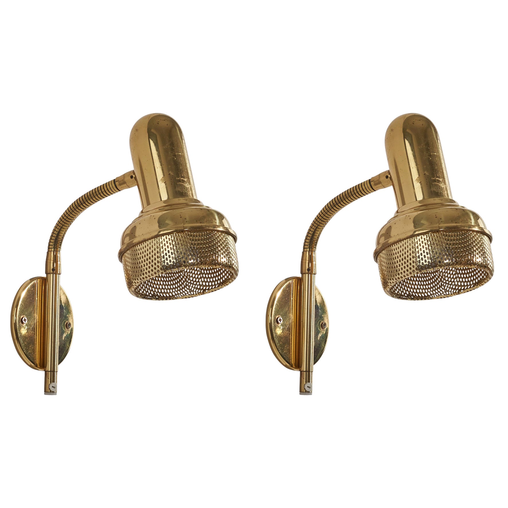 Swedish Designer, Adjustable Sconces, Brass, Sweden, c. 1970s For Sale