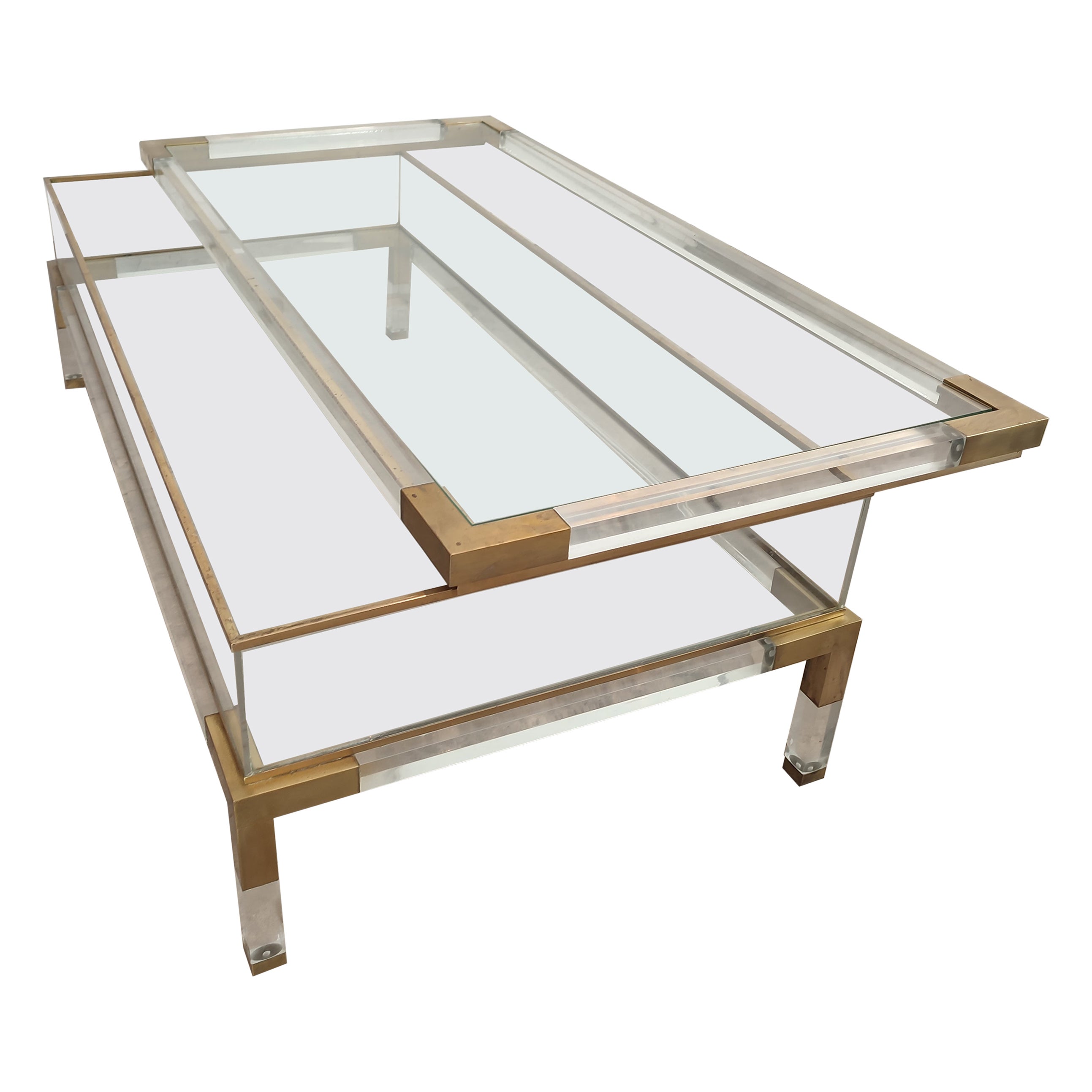 Lucite and Brass Sliding Coffee Table, 1980s For Sale