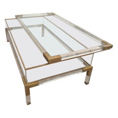 Lucite and Brass Sliding Coffee Table, 1980s