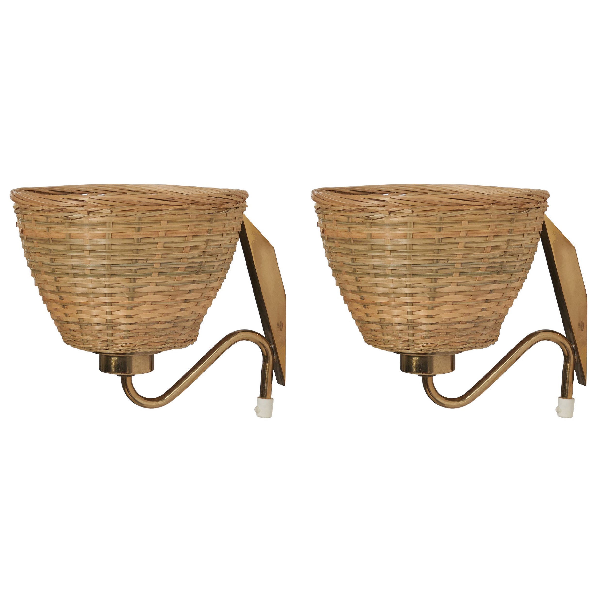 Swedish Designer, Sconces, Brass, Rattan, Sweden, 1950s