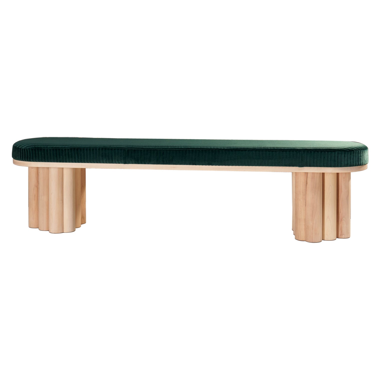 Doric Bench in Natural Maple and Emerald Green Velvet Corduroy For Sale