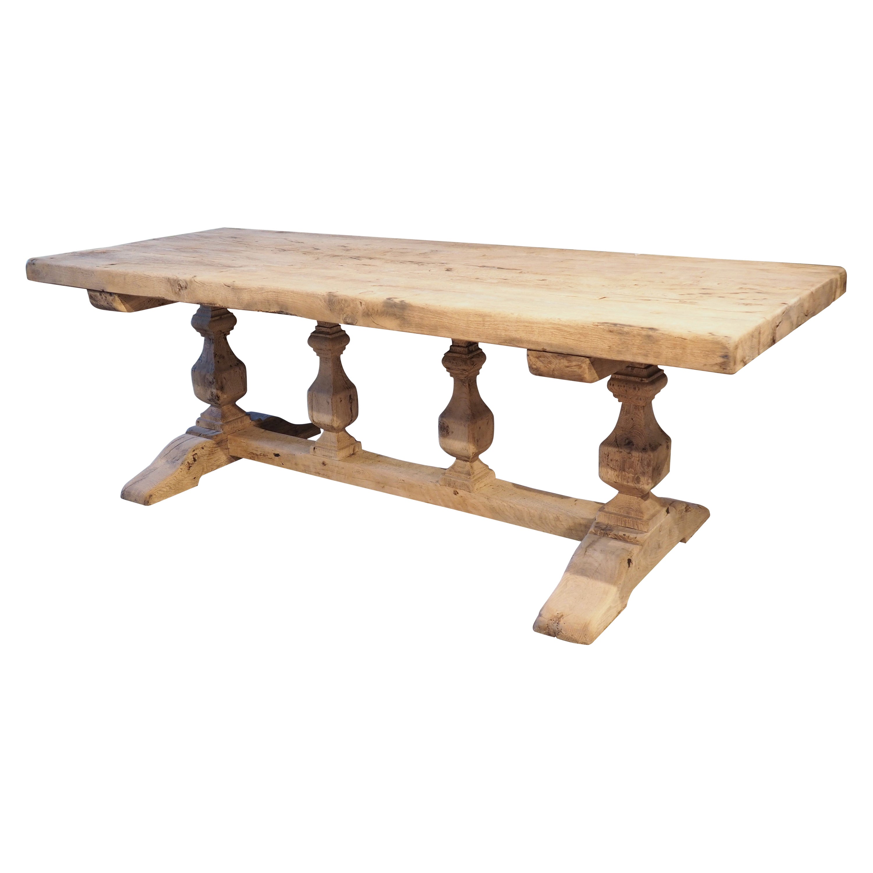 Early 1900s French Bleached Oak Monastery Table with Balustrade Stretcher