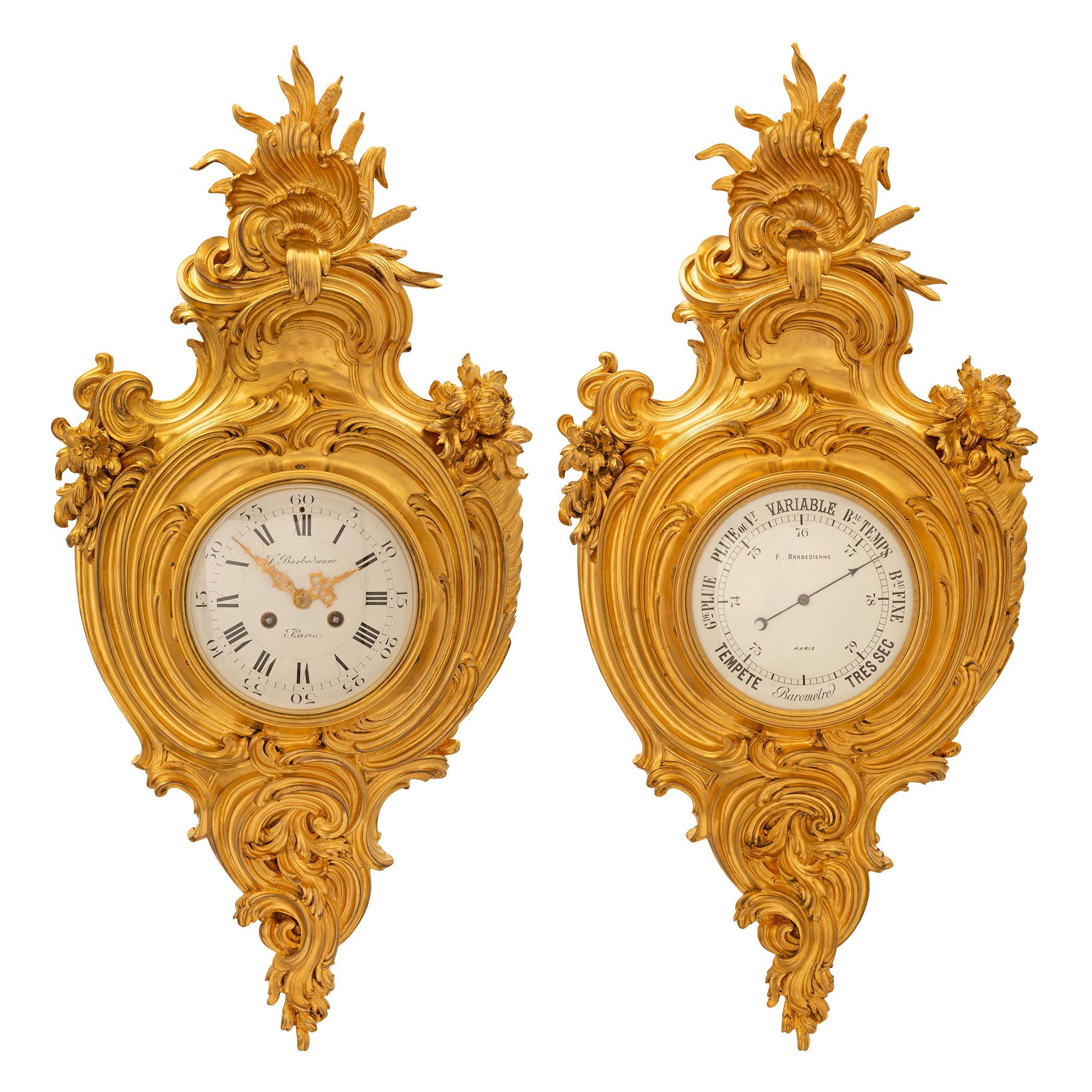 French 19th Century Louis XV St. Ormolu Wall Mounted Clock & Barometer For Sale