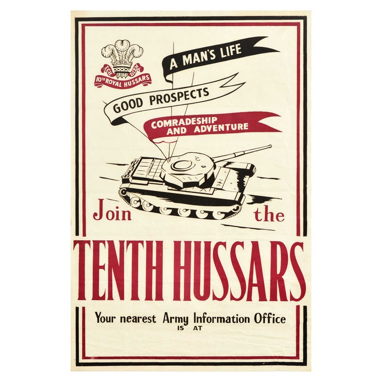 Original Vintage Military Recruitment Poster Join The Tenth Hussars