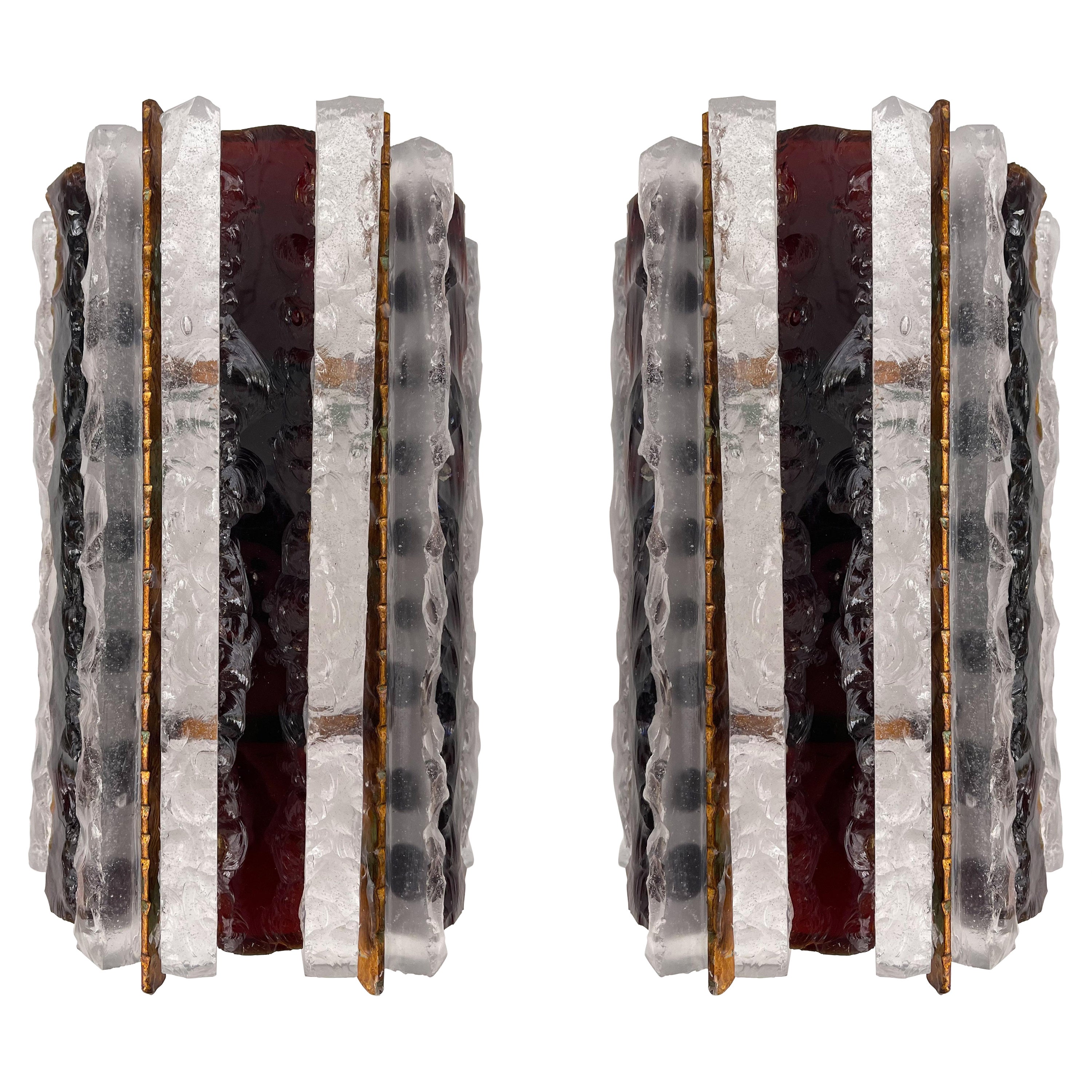 Pair of Hammered Glass Wrought Iron Sconces by Longobard, Italy, 1970s