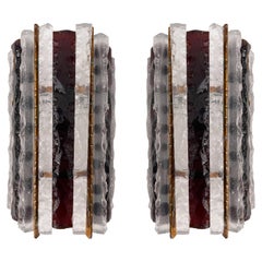 Vintage Pair of Hammered Glass Wrought Iron Sconces by Longobard, Italy, 1970s