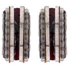 Retro Pair of Hammered Glass Wrought Iron Sconces by Longobard, Italy, 1970s