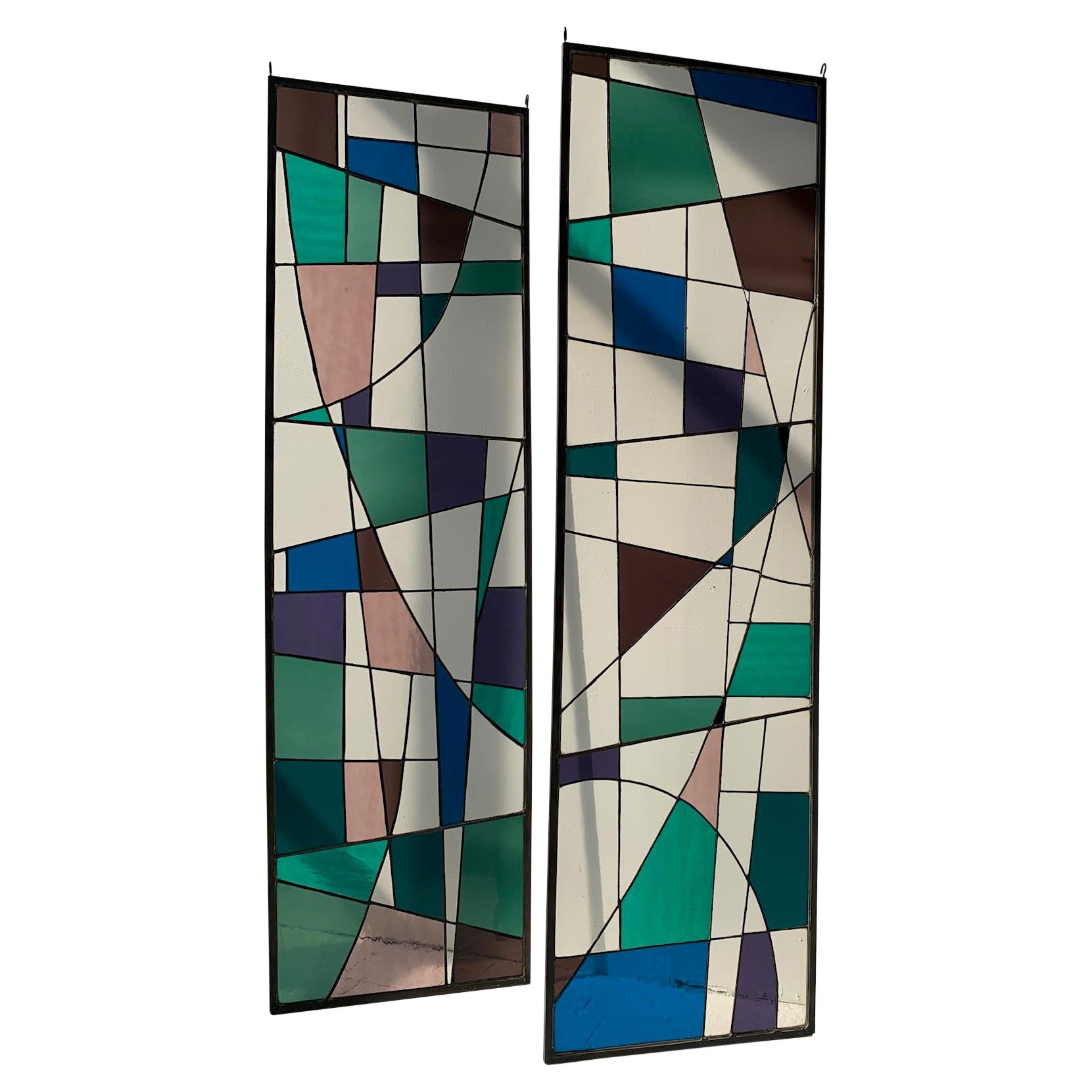 Vintage Mid Century Geometric Abstract Stained Glass Panels, A Pair, Circa 1960s For Sale