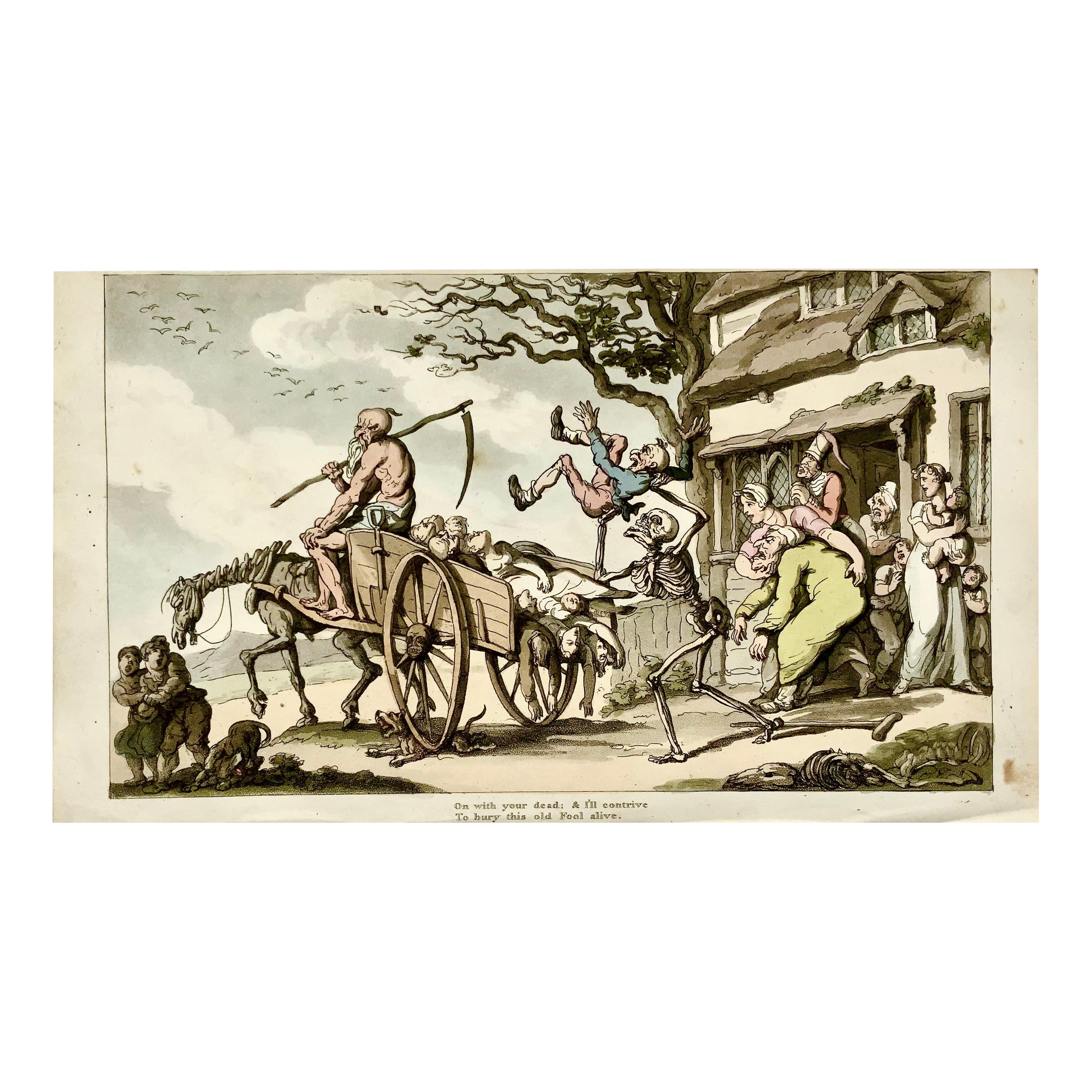 On with your dead: & I’ll contrive to hurry this old Fool alive.

Original Aquatint & Etching plate with original hand colour.

Full margins and only very minor marginal wear.

Rudolph Ackermann, London, 1815.

Thomas Rowlandson: Along with Hogarth,