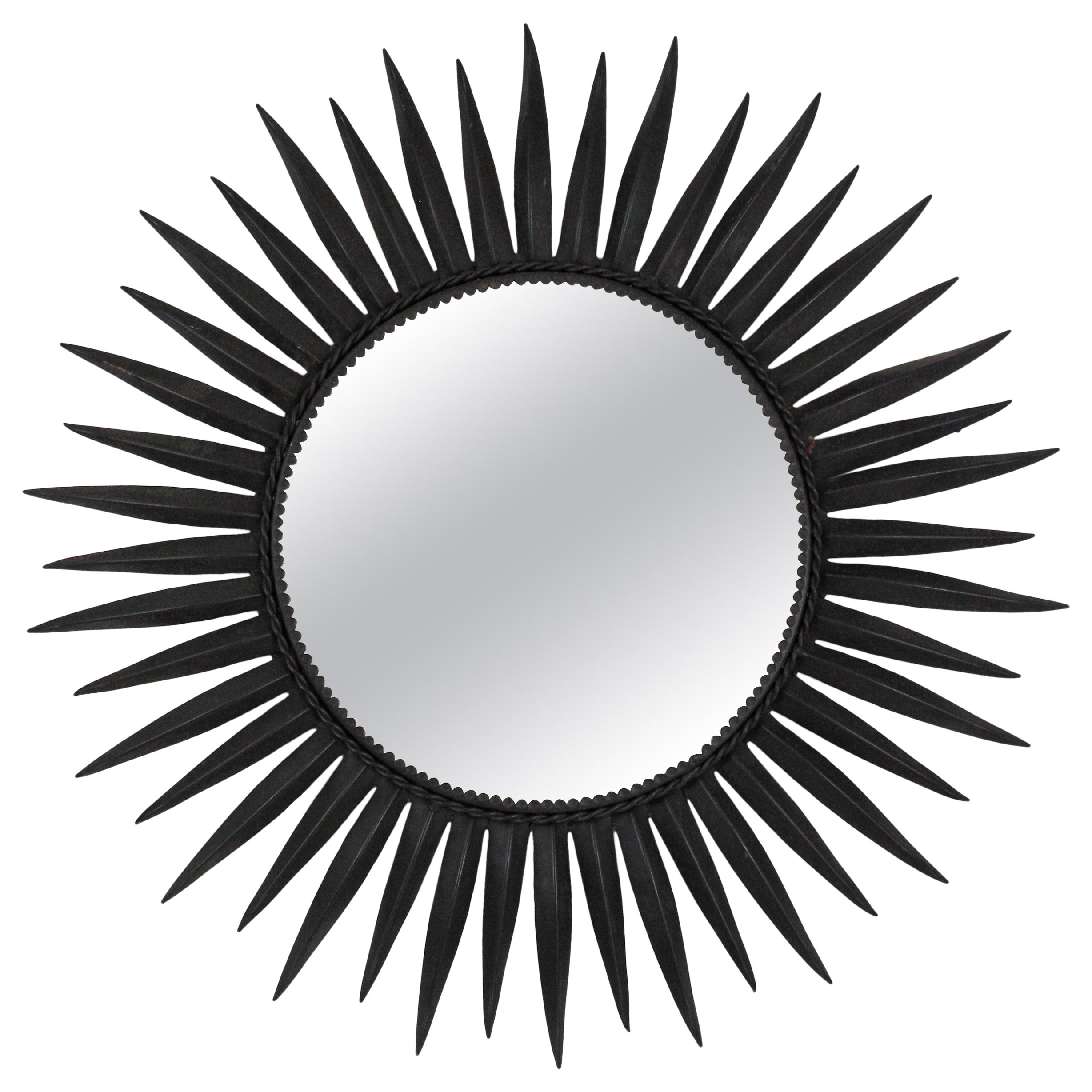 Sunburst Eyelash Mirror in Black Wrought Iron For Sale