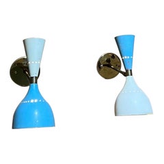 1950s Sensational Stilnovo Wall Sconces Double Cone Blue and White + Brass Italy