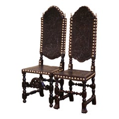 18th Century Portuguese Carved Walnut Armchair with Embossed Leather, Set of 2