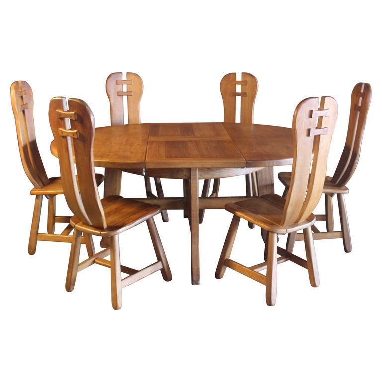 Brutalist Oak Dining Table and Chairs by De Puydt, Belgium, 1970s For Sale at 1stDibs