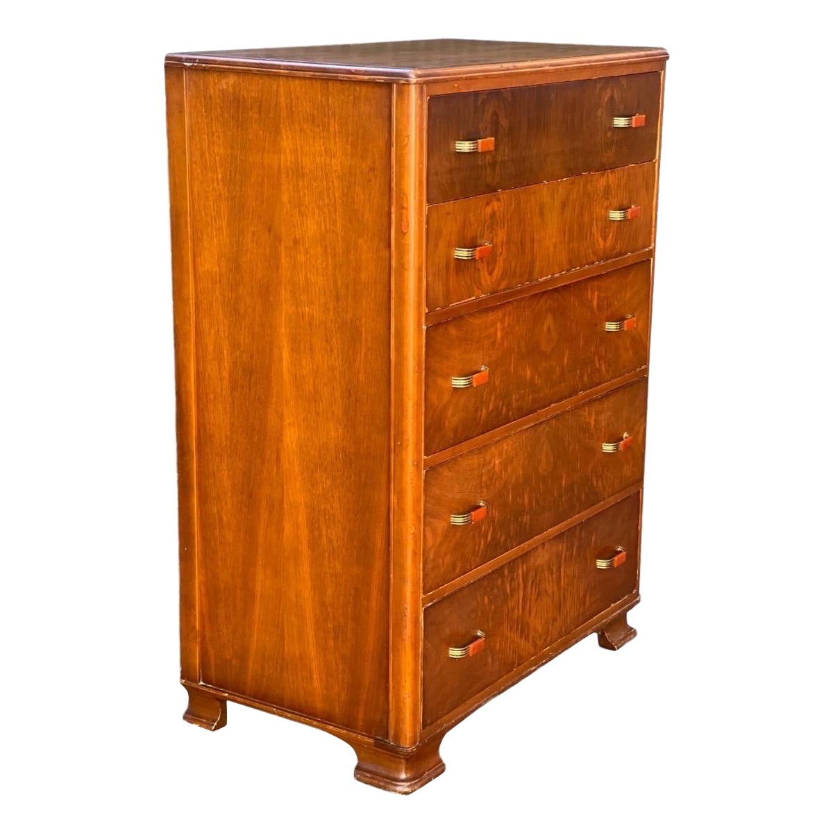 Vintage Art Deco Retro Walnut and Mohogany Burl Wood Dresser Dovetailed Drawers For Sale