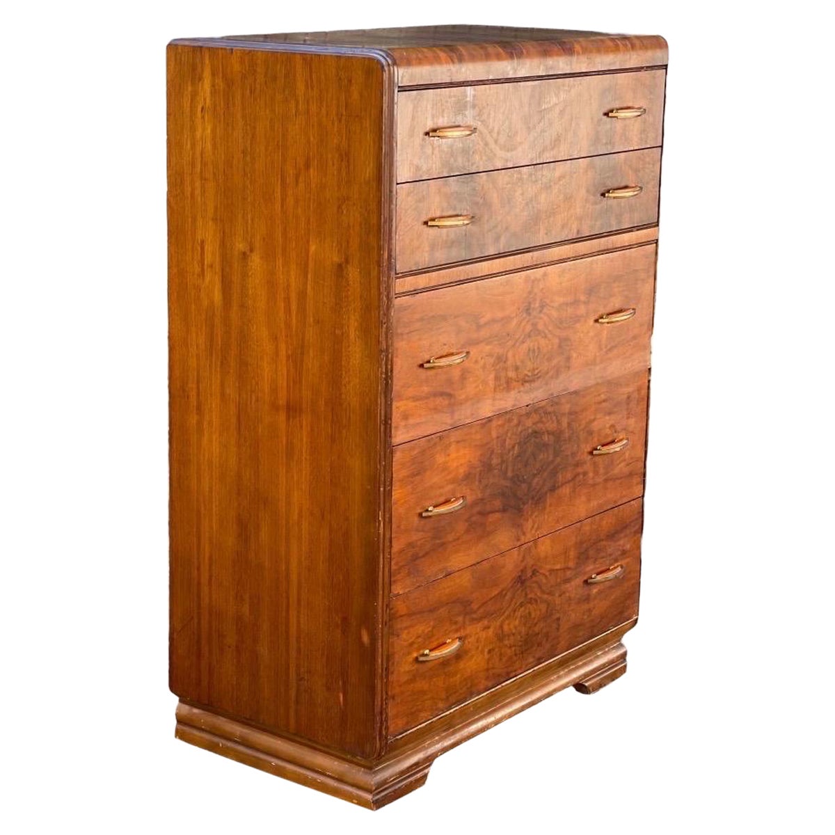 Vintage Art Deco Retro Walnut and Mohogany Burl Wood Dresser Dovetailed Drawers For Sale