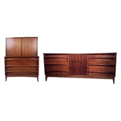 Vintage Mid-Century Modern Solid Walnut Dresser Set Tallboy and Lowboy