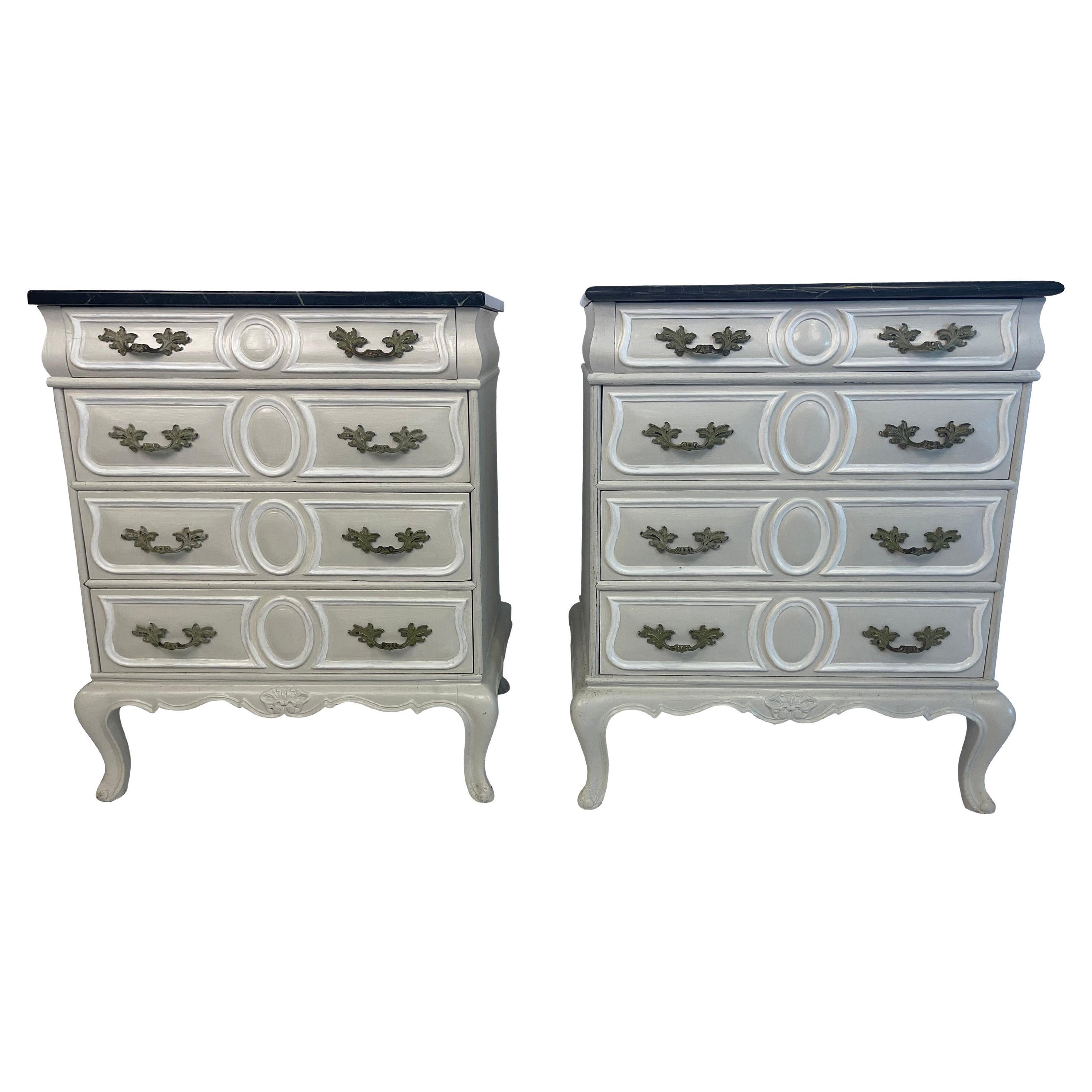 Pair of Louis XV Style Antique Bed Side Tables Grey, Painted with Marble Tops For Sale