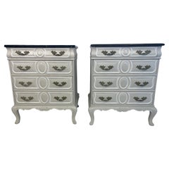 Pair of Louis XV Style Vintage Bed Side Tables Grey, Painted with Marble Tops