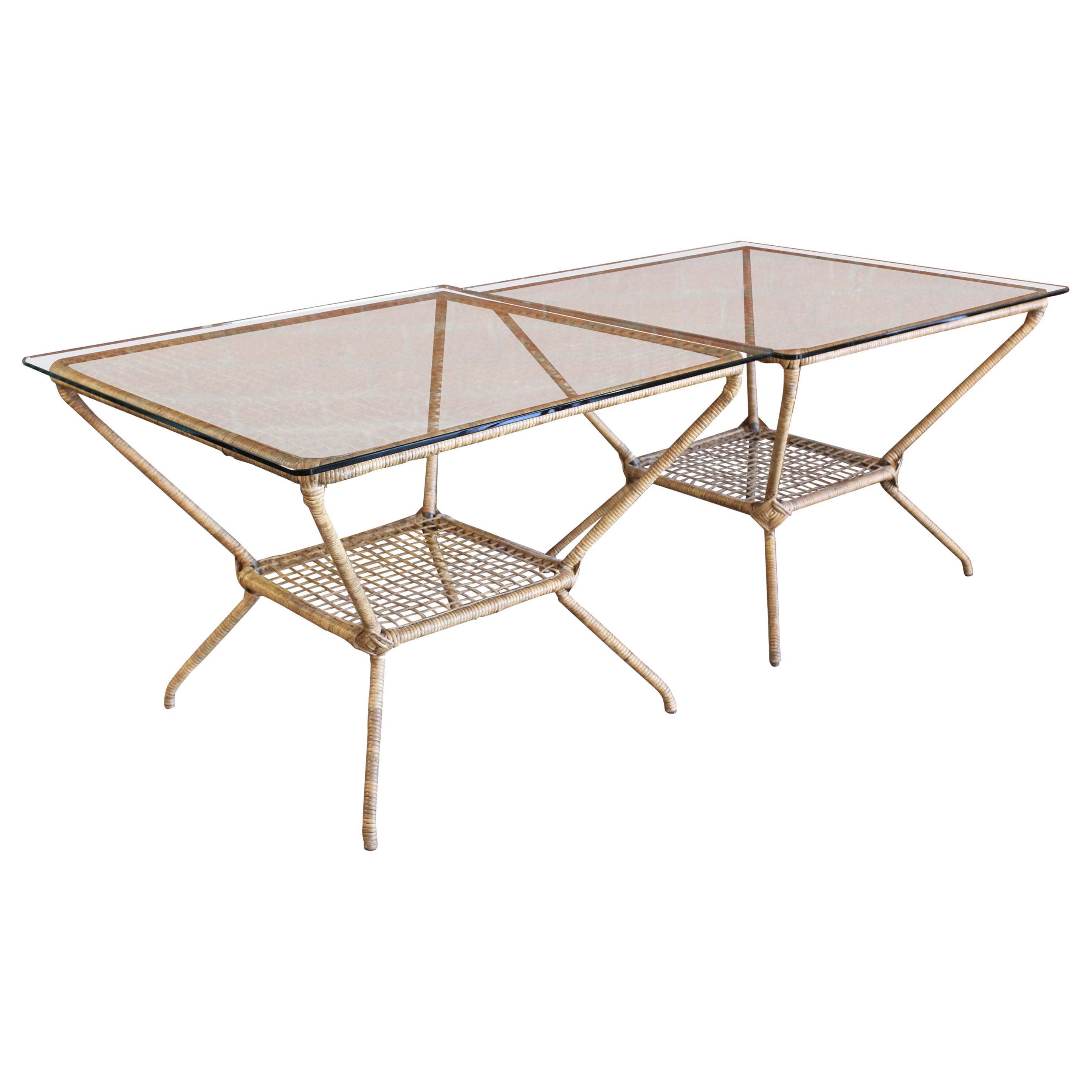 Vintage Rattan Wrapped Patio Tables with Glass Tops, France, 1960s For