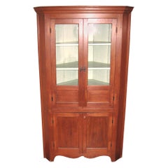 Used 1850s Cherry Corner Cupboard Farm House Rustic Cabinet