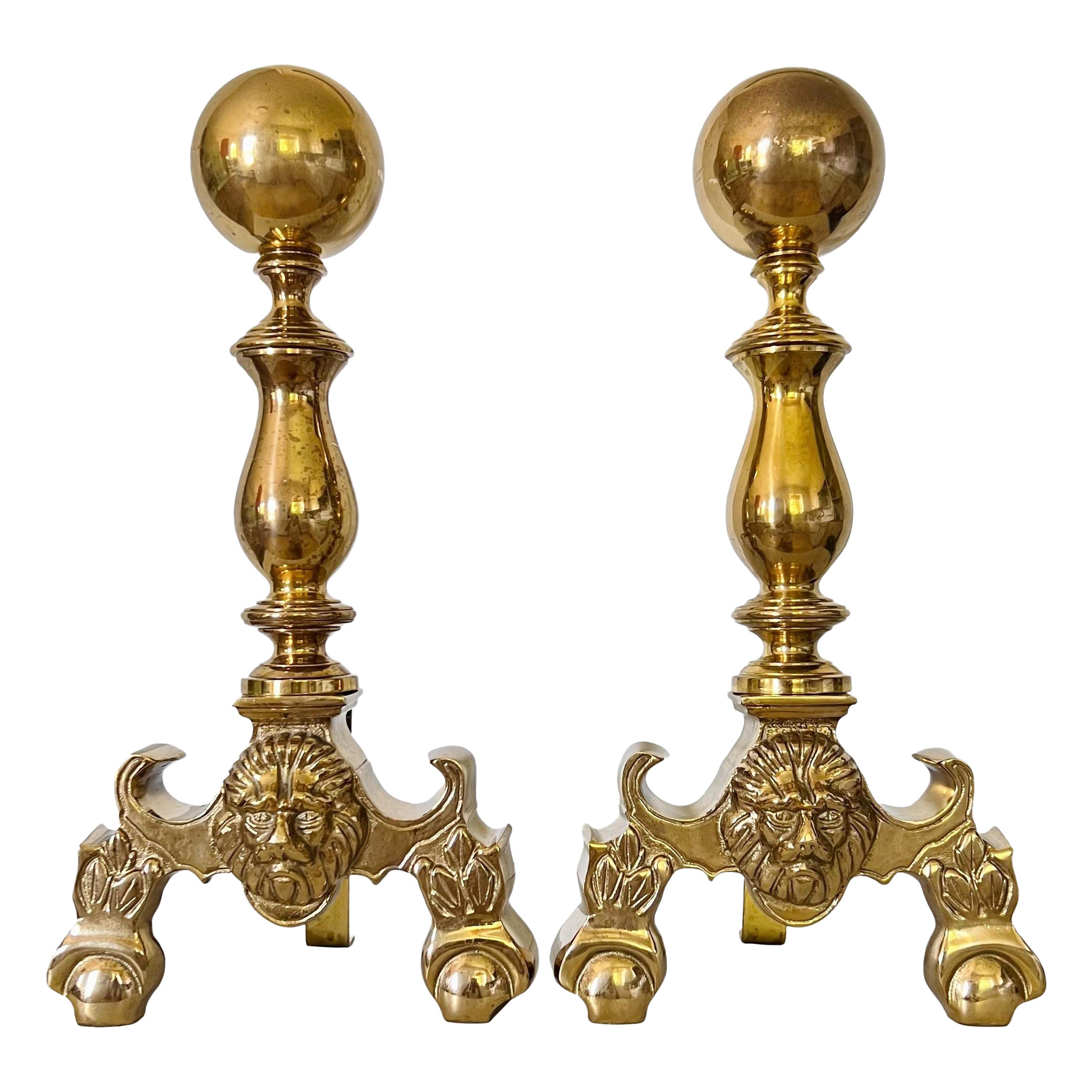 Mid 20th Century French Empire Brass Cannonball Chenets Andirons, a Pair For Sale